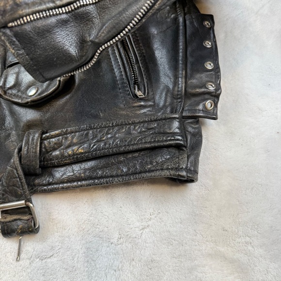 FIRST Genuine Leather Mens Motorcycle Jacket Black Size 46 Biker Style Vintage - Picture 8 of 10